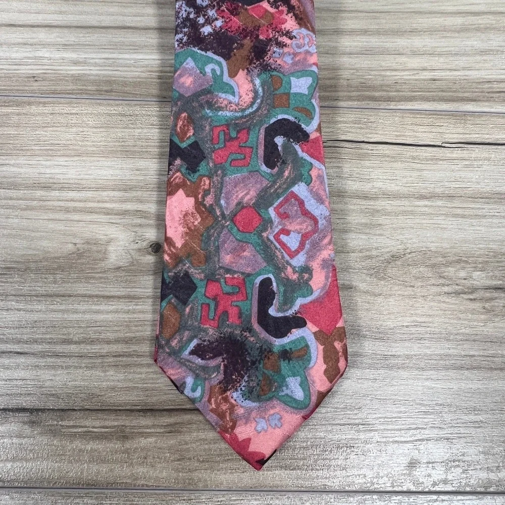 Vintage Bugle Boy USA Mens Abstract Geometric Polyester Necktie Pink Teal 90s
